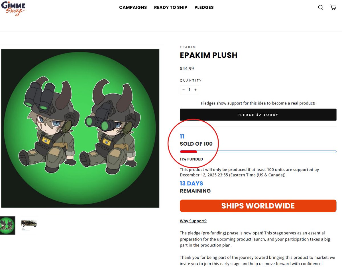 Plushie pledge campaign with <a href="/gimmeswagmerch/">gimmeswag</a> has officially launched! This is my first hard-goods project, 100 pledges are required for the product to be manufactured and shipped. Join the pledge to bring her to life!