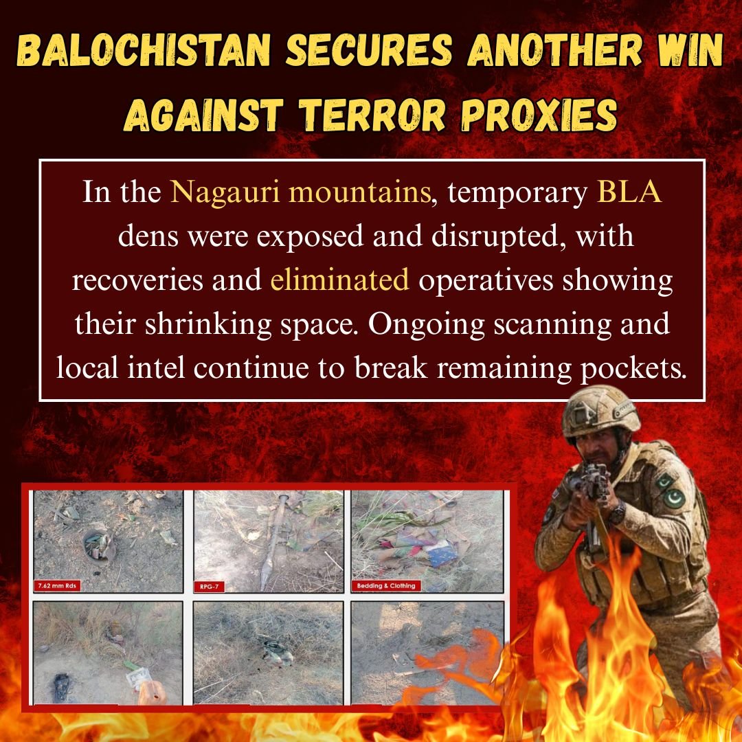 Hammalbaloch011's tweet image. Balochistan Secures Another Win Against Terror Proxies

Recent actions in the Nagauri mountains exposed temporary dens of BLA militants linked to Fitna al-Hindustan. Recoveries, disrupted hideouts, and eliminated operatives 
#Balochistan
#SafetyFirst
#SecurityUpdate