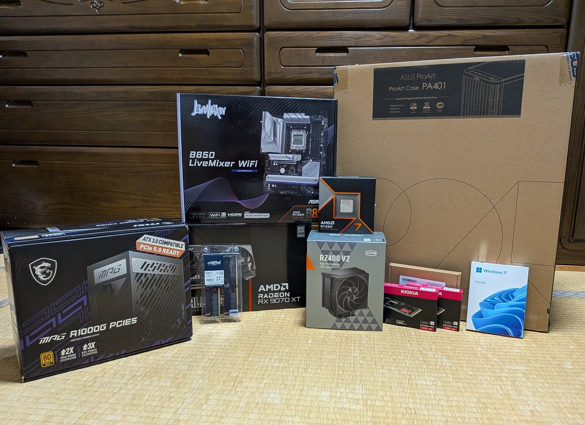 ArutenAR's tweet photo. 慣れたもんで40分で完成
自作PCのメリットとして安く組めるのは勿論なんだけど、パーツ選びが楽しいというのが最大のメリット

■今回のこだわりポイント
・メモリ64GB
・USB typeAが15 typeCが2つ
・dram搭載SSD 2TB×3
#組立兼検証用和室 #予算30万円 https://t.co/6HWwGX7RF0