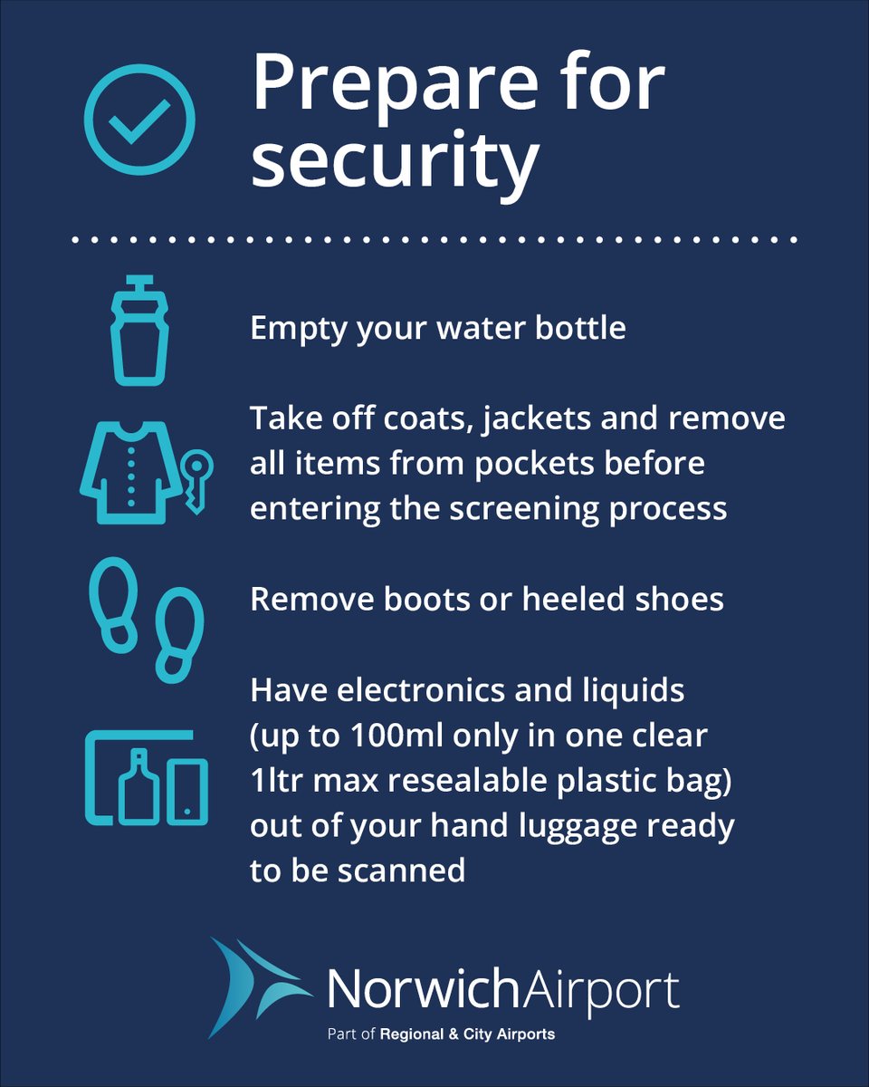 To assist in a smooth process through security, please have your essentials ready and conduct the following procedures.

Find out more: norwichairport.co.uk/passenger-info…

#FlyNorwich #Travel #Security