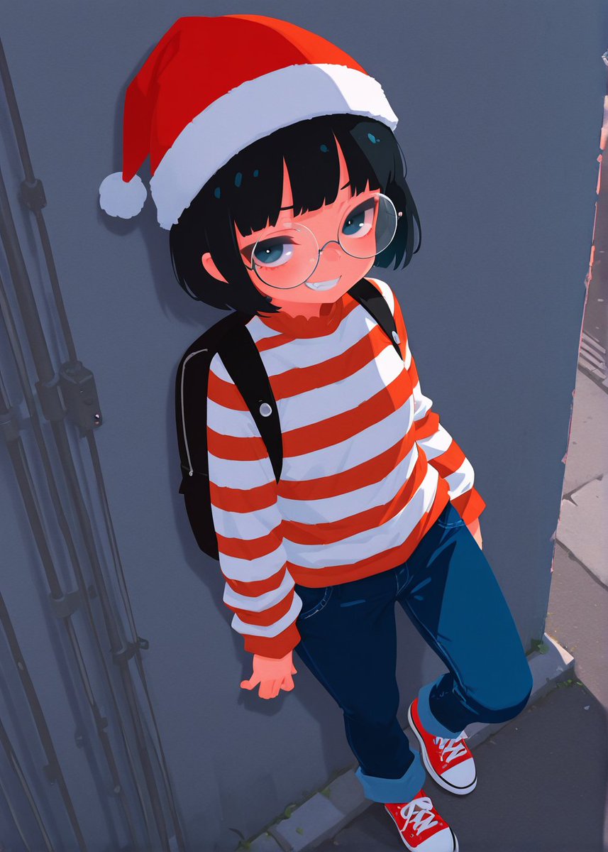 norar_kurari's tweet image. #AI赤と白の装い　
お見かけしたので参加します
赤と白で反射的にウォーリーが出てきてしまった次第です
こんな服は楳図 かずおかウォーリーしか似合わない
何故各地を渡り歩いているのか、何故読者は彼を探すのか
ウォーリーは謎深いですね