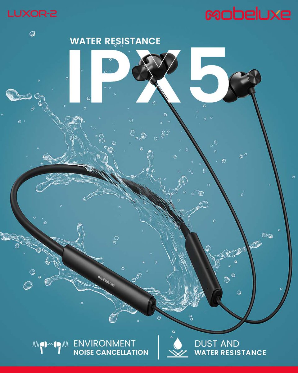 Mobiluxe177054's tweet image. Stay unstoppable with LUXOR-2 engineered with IPX5 water resistance and clear audio so you move freely in any weather.

#Mobeluxe #LUXOR2 #IPX5 #WaterResistant #Neckband #Bluetooth #WirelessAudio #NoiseCancellation #EverydayWear #music