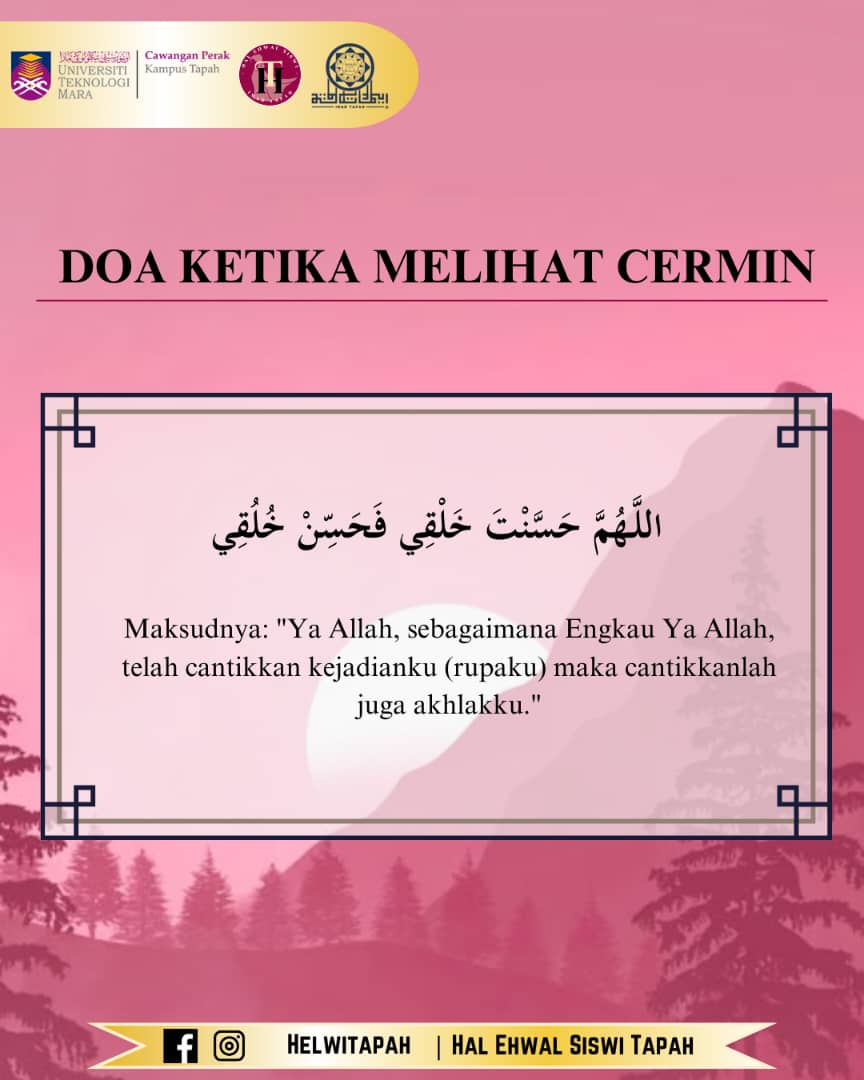 Helwitapah's tweet photo. 🌻 Pengisian: Doa Ketika Melihat Cermin🌻

Bercermin merupakan salah satu cara untuk kita melihat wajah kita sendiri. Doa ketika melihat cermin ini merupakan antara sunnah yang diajar oleh Nabi Muhammad SAW. https://t.co/rowyj0FaOm