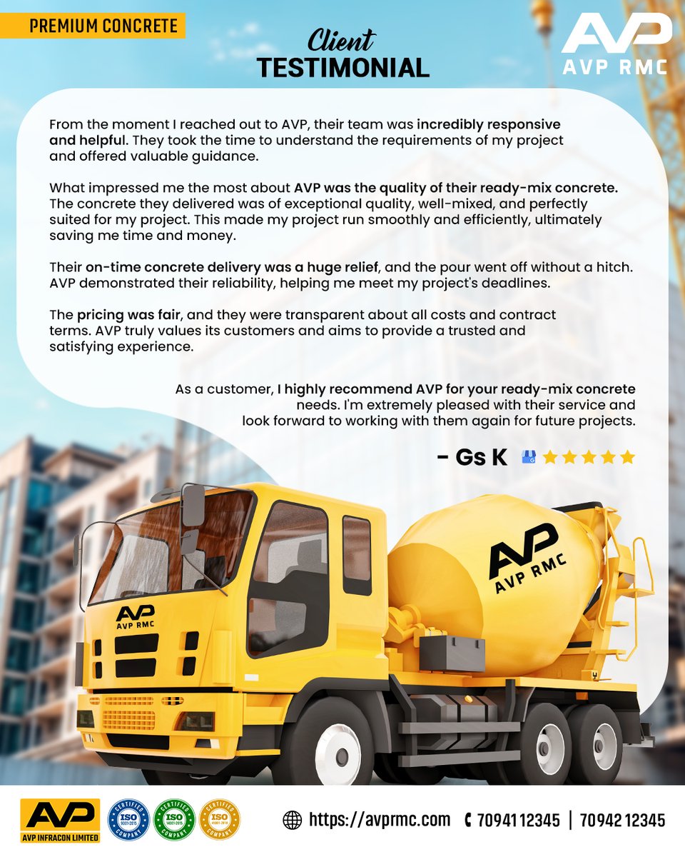 This testimonial from Gs K truly reflects what we aim for responsiveness, reliable delivery, exceptional concrete quality, and complete transparency from start to finish.

Call: 7094112345

#AVPRMC #Construction #Concrete #ReadyMixConcrete #QualityYouCanTrust #ClientTestimonial