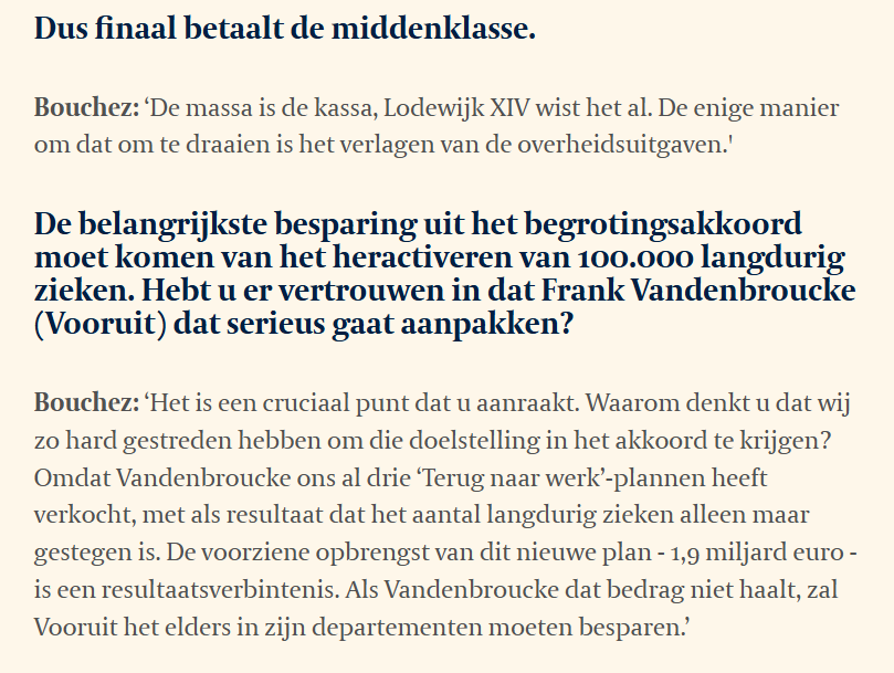 'De massa is de kassa', zegt <a href="/GLBouchez/">Georges-L BOUCHEZ</a> in <a href="/tijd/">De Tijd</a> tijd.be/politiek-econo…. De middenklasse betaalt begrotingsakkoord. En hij heeft een duidelijke waarschuwing voor min Frank Vandenbroucke. Citaat: