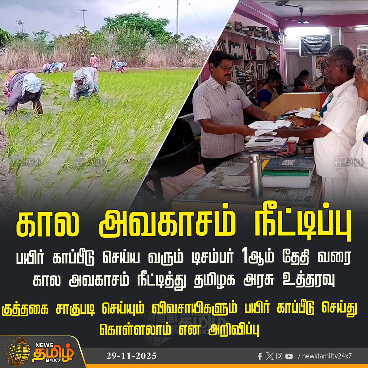 NewsTamilTV24x7's tweet image. #NewsTamil24x7DistrictNews | கால அவகாசம் நீட்டிப்பு

பயிர் காப்பீடு செய்ய வரும் டிசம்பர் 1ஆம் தேதி வரை கால அவகாசம் நீட்டித்து தமிழக அரசு உத்தரவு

குத்தகை சாகுபடி செய்யும் விவசாயிகளும் பயிர் காப்பீடு செய்து கொள்ளலாம் என அறிவிப்பு

#Tiruvarur | #Paddy | #TimeExtension | #Farmers |…