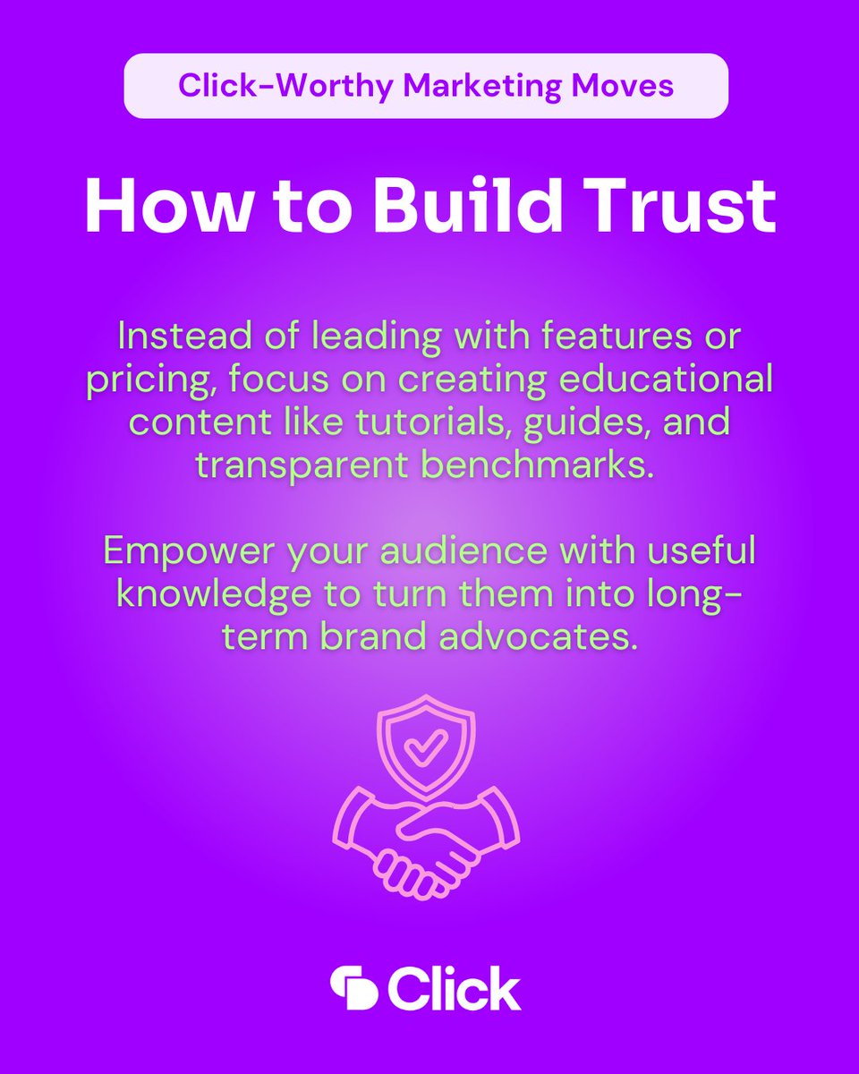 ClickDimensions's tweet image. Software Marketing Best Practices!

Build Audience Trust Before You Sell. Authenticity and education win over polished sales pitches every time.

#SoftwareMarketing #CWMM #TechMarketing #MarketingTips #Clickworthymarketingmoves