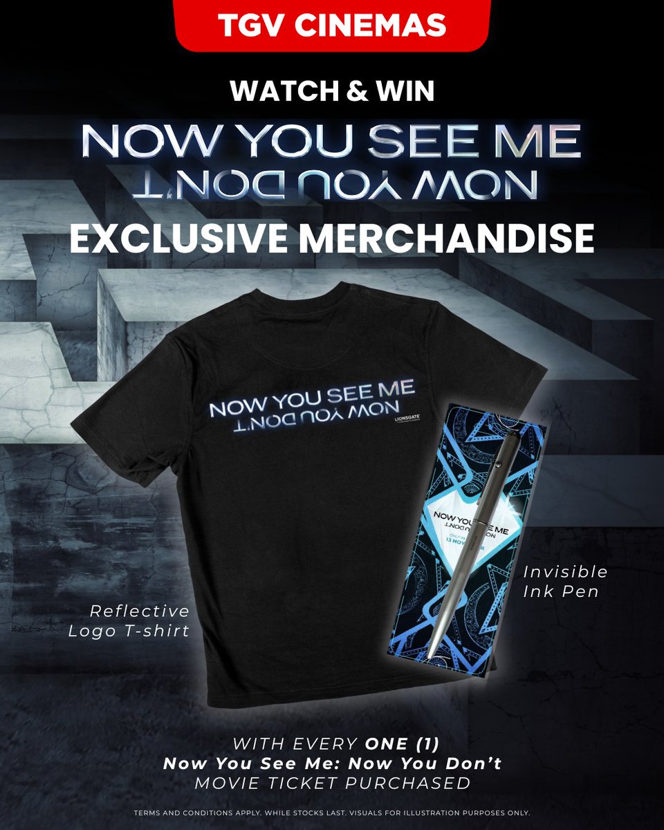TGVCinemas's tweet photo. 🎩✨ Now You See Me… Now You Win! ✨🎩
Watch #NowYouSeeMe: #NowYouDont and stand a chance to win exclusive movie merchandise!
How to join:
1️⃣ Follow us, react and share this post.
2️⃣ Purchase at least ONE (1) ticket to #NowYouSeeMeNowYouDont.
3️⃣ Fill in your details here: https://t.co/98gSUZBaII
⏳ Contest ends 5 December 2025. T&Cs apply: https://t.co/fyVWP3HlSH