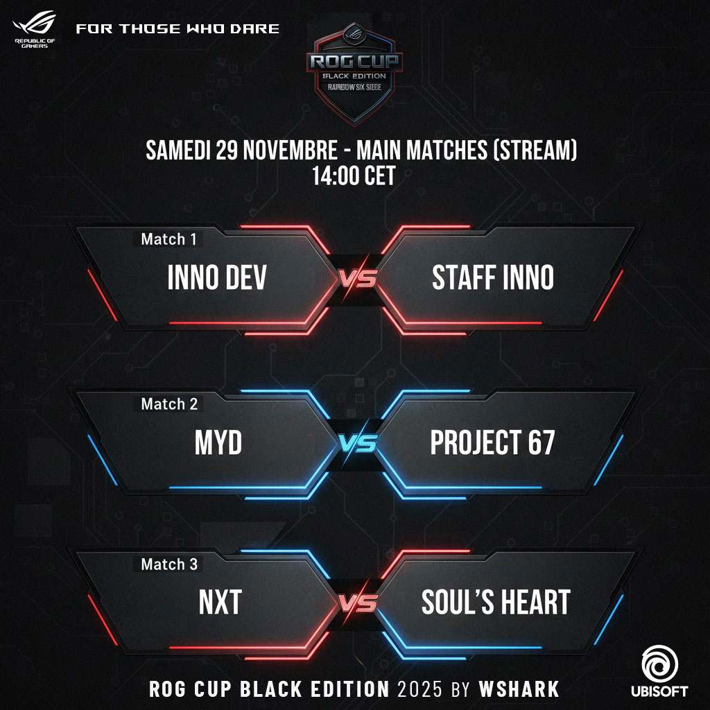 🔥 ROG CUP BLACK EDITION – C’EST AUJOURD’HUI QUE ÇA COMMENCE ! 🔥

Mesdames et messieurs… ON Y EST.

🎬 Début du live : 13H30
On chauffe la salle, on met l’ambiance…

Et à 14H, ça part DIRECT avec le match d’ouverture :
💥 Inno Dev vs Staff Inno

Le dev contre le staff… Vous