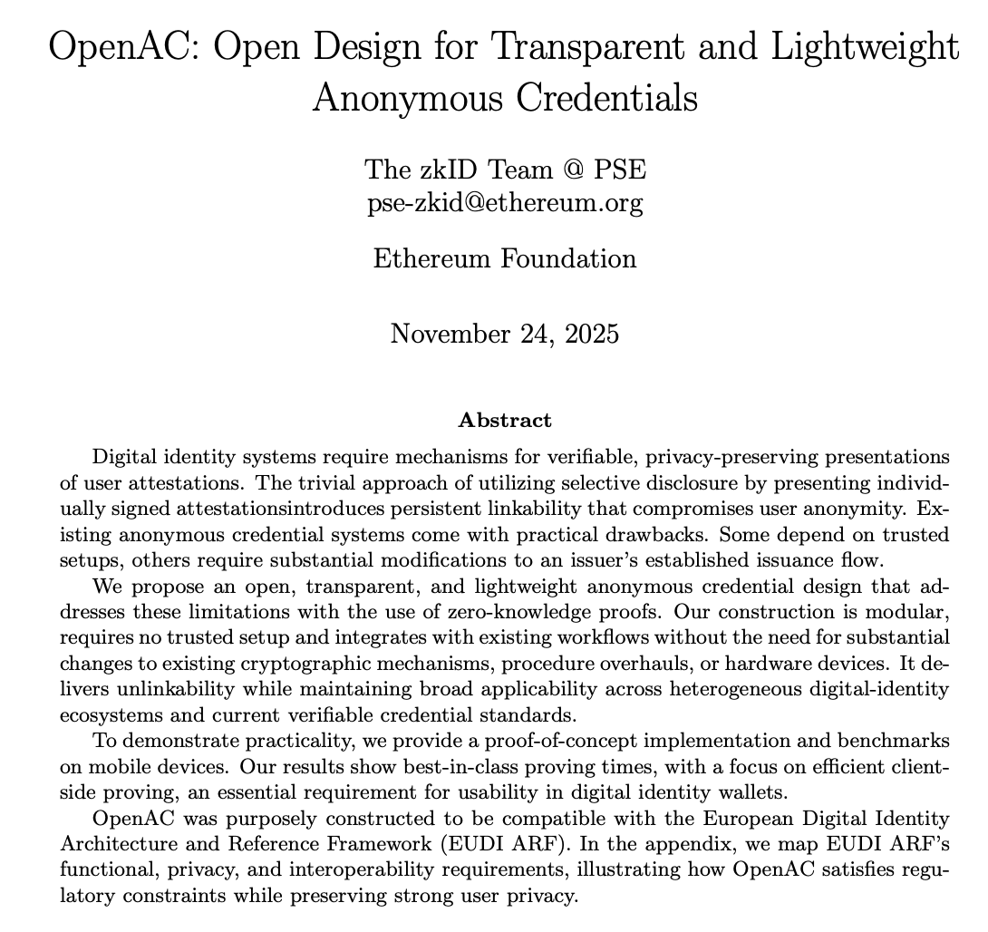 PrivacyEthereum's tweet image. 1/ 🌱 The zkID team published OpenAC: Open Design for Transparent and Lightweight Anonymous Credentials earlier this week with a show proof time of 0.129 seconds.

It describes a zero-knowledge identity construction designed to work with existing identity stacks and was purposely…