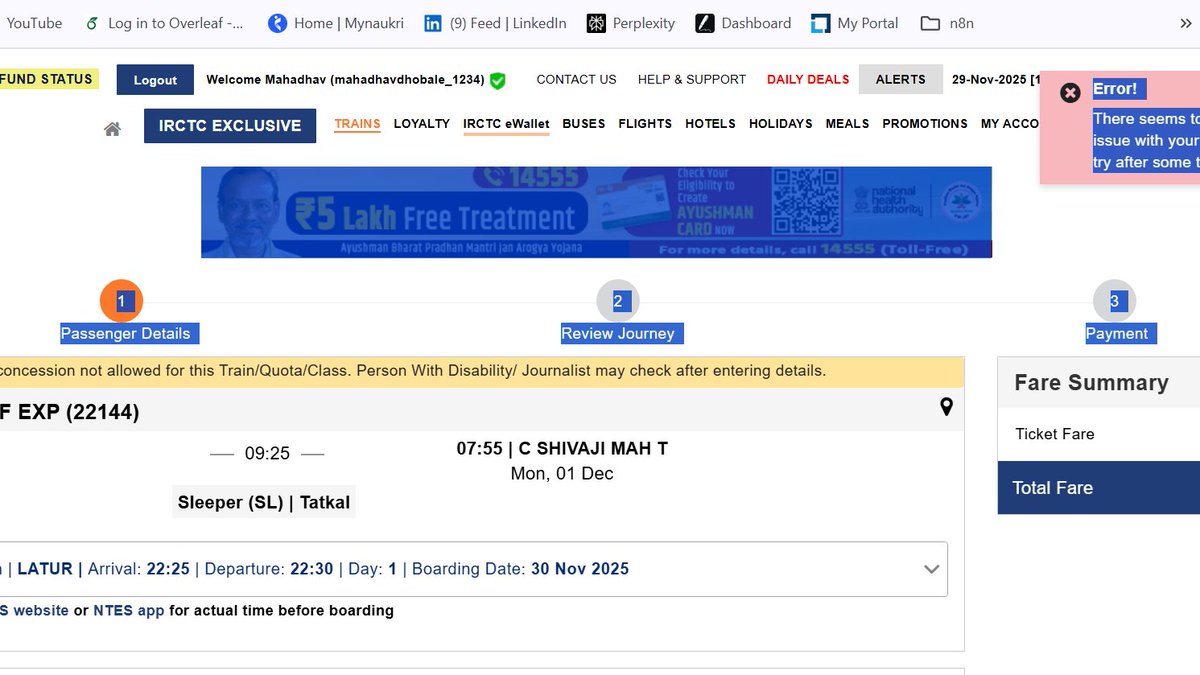 mahadhav21's tweet image. Tatkal booking on IRCTC is a joke now.
Every day at 11 AM:
❌ Unable to Process Request
❌ Client IP Error
❌ Site Unreachable
Thousands face this daily. 
Why @AshwiniVaishnaw IRCTC not fixing this?
@IRCTCofficial @RailMinIndia @RailwaySeva
#IRCTC #TatkalBooking