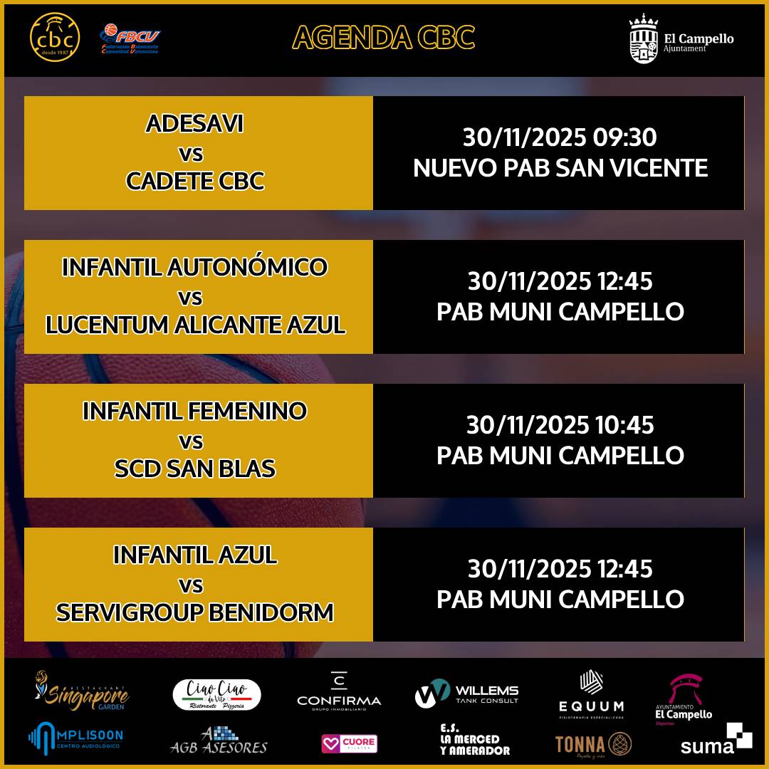 campellocb's tweet photo. Último finde de noviembre… y viene cargado de BALONCESTO 🏀💛💙
Gracias a todas las familias por estar ahí cada jornada.
Aquí va la jornada completa 📅
Colabora la Concejalía de Deportes del Ayuntamiento de El Campello
#elcampellodeportes #SumaMásCercaDeTi https://t.co/uDKOrpKFA0