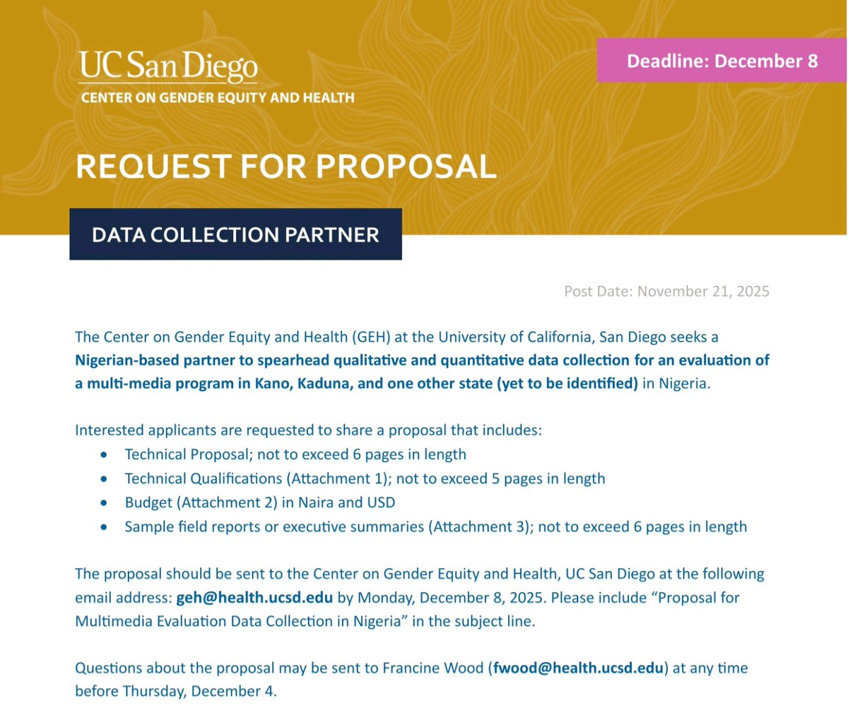 📢 Opportunity Alert: Are You a Nigeria-Based Research Partner?

CGEH is looking for organizations with proven experience running large household surveys, and collating qualitative data.

Full details here: bit.ly/proposalcgeh

Best wishes!