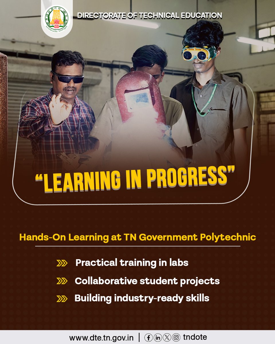 TNDOTE's tweet image. TN Government Polytechnic students are learning by doing—through lab training, team projects, and hands-on problem solving, shaping a workforce equipped with future-ready technical skills.

#tndote #tngovt #tndipr #education #engineering #diploma #industry #latesttechnology