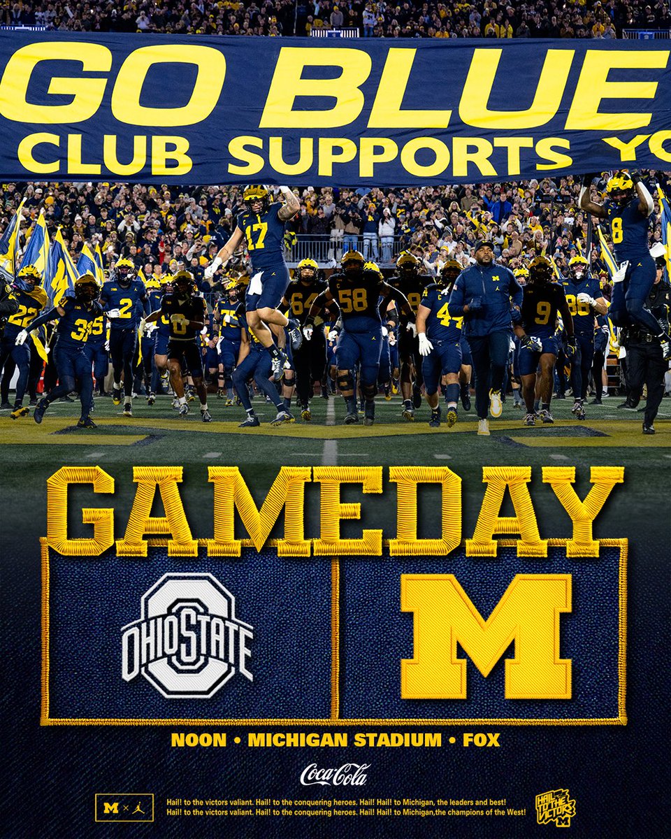 Game 12

⏰ Noon
📍 Michigan Stadium
📺 FOX (myumi.ch/15J62)
🎙️ Michigan Sports Network (myumi.ch/61D6V)
📊 myumi.ch/kPQqz
📖 myumi.ch/g3XrQ

#GoBlue