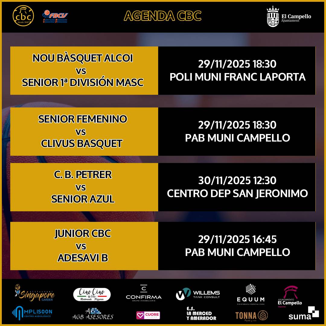 campellocb's tweet photo. Último finde de noviembre… y viene cargado de BALONCESTO 🏀💛💙
Gracias a todas las familias por estar ahí cada jornada.
Aquí va la jornada completa 📅
Colabora la Concejalía de Deportes del Ayuntamiento de El Campello
#elcampellodeportes #SumaMásCercaDeTi https://t.co/uDKOrpKFA0