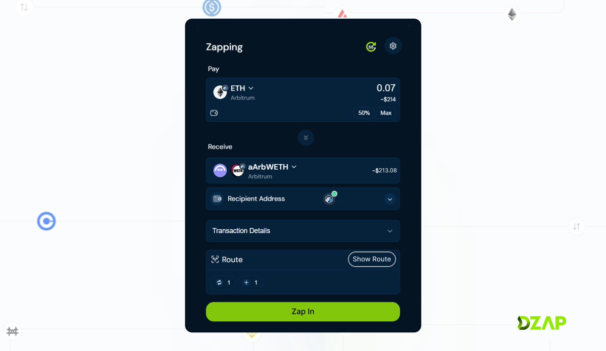 dzap_io's tweet image. We’re curious…

Starting with $ETH on Arbitrum, how many transactions does it usually take to supply into the @aave WETH pool?

Drop your guess below. 👇

Then try the same flow on dzap.io where the entire process is completed in just one transaction.