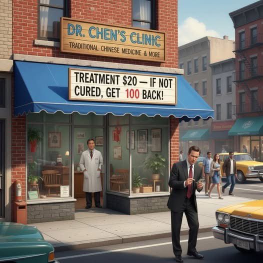RositaDaz48's tweet image. A Chinese doctor moved to the U.S. and couldn&apos;t find a job at a hospital. So he opened a small clinic and put up a bold sign that read:

“Cure for $20 — If you’re not cured, get $100 back!”

One day, a clever American lawyer saw the sign. “This looks like a scam,” he thought,…