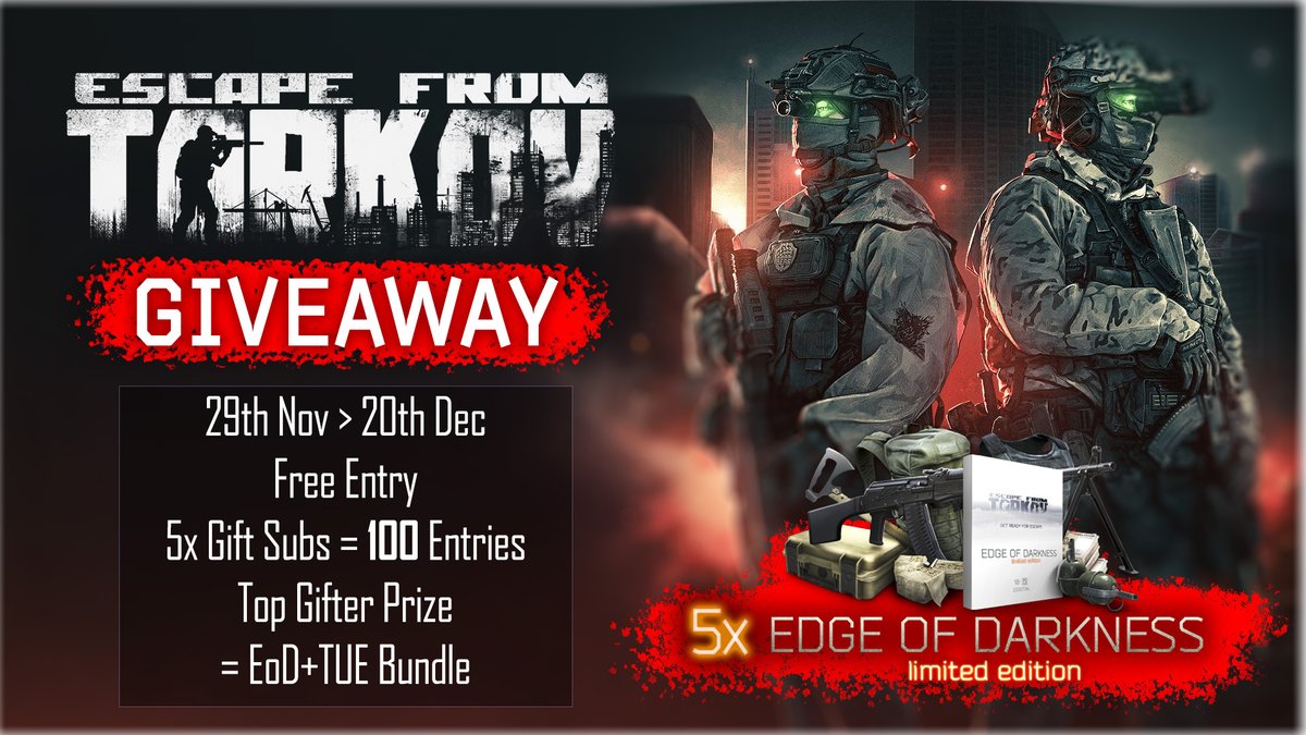 trentbraidner's tweet image. 🎁TARKOV EOD GIVEAWAY

During the Tarkov Sub Twitch Drops I will be running a give away for 5x Escape From Tarkov Edge of Darkness (Full game)

- Free Entries
- 5x Gift Subs = 100 Bonus Entries + the full Twitch Sub Drops package
- Top Sub Gifter for the period will receive an…