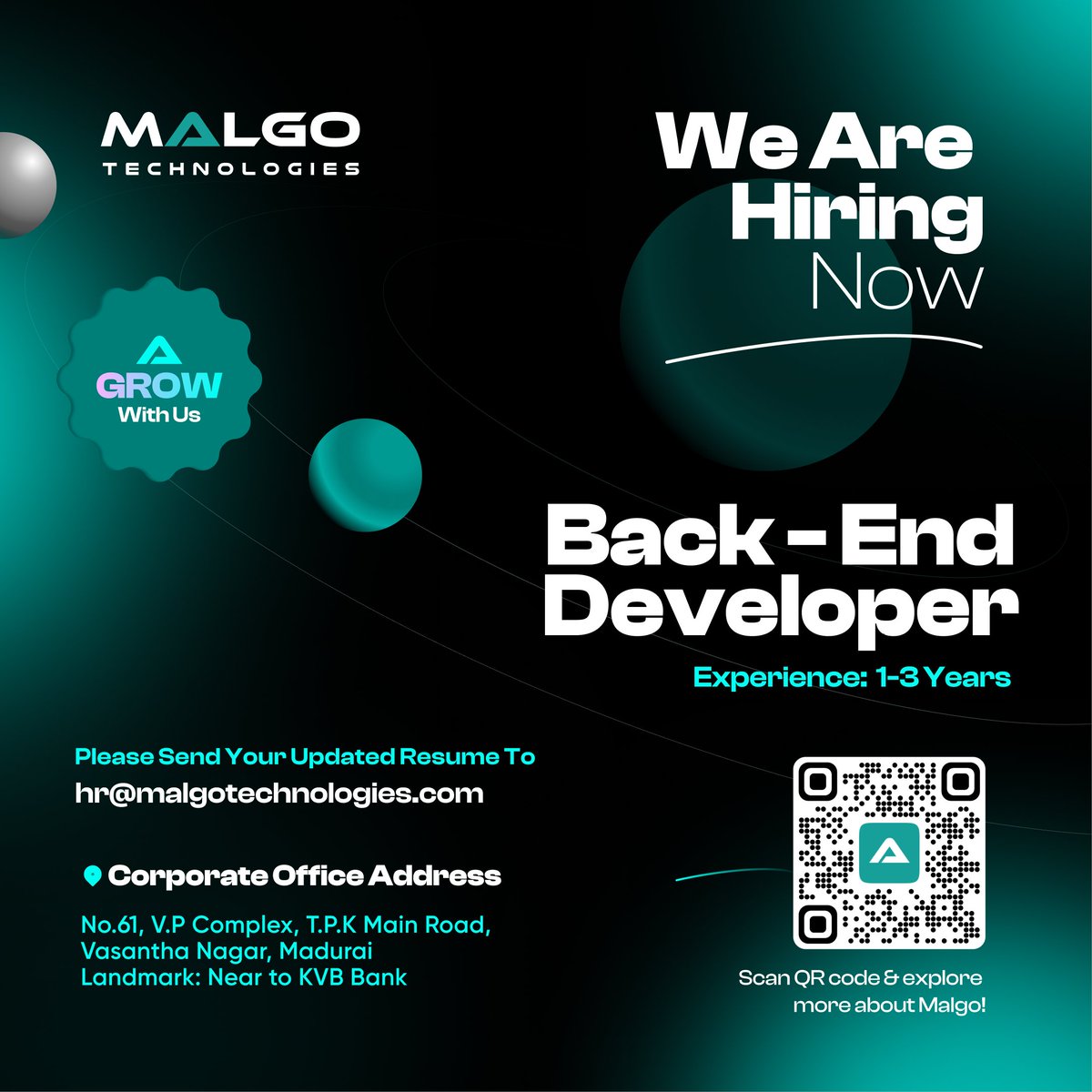 malgotech's tweet image. 💻 Hiring: Back-End Developer!
Join Malgo and build scalable, high-performance systems.
✔️Experience: 1–3 yrs
📍  Madurai | Onsite only

📧 hr@malgotechnologies.com
#BackendDeveloper #Hiring #OnsiteJob #TechJobs #MaduraiJobs #Malgo