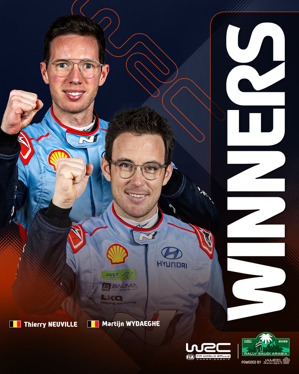 OfficialWRC's tweet photo. 🥇Winners of WRC Rally Saudi Arabia🥇

Outgoing champions Thierry Neuville and Martijn Wydaeghe finish 2025 on a high with a win 👏

#WRC | #RallySaudiArabia 🇸🇦 https://t.co/xft5gjwfPg