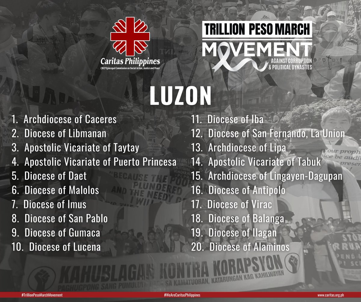 News5PH's tweet image. SUPORTA SA TRILLION PESO MARCH

Umabot na sa 86 dioceses mula sa buong bansa ang sumusuporta sa Trillion Peso March sa Linggo, Nov. 30, sa EDSA People Power Monument sa Quezon City, ayon sa Caritas Philippines.

“Isang napakalakas na panawagan para sa katotohanan, pananagutan, at…