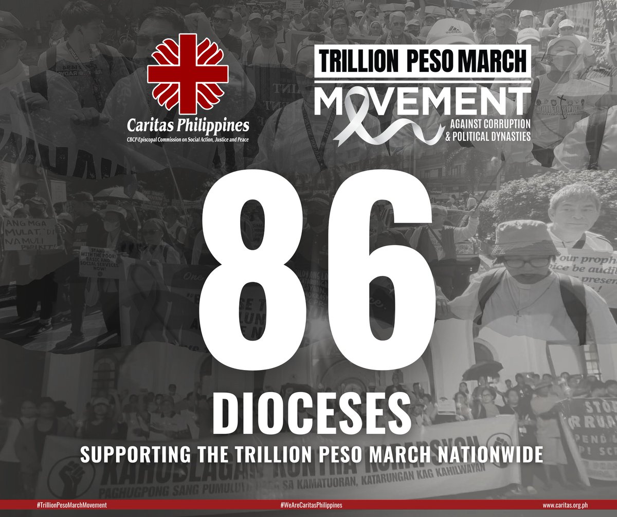 News5PH's tweet image. SUPORTA SA TRILLION PESO MARCH

Umabot na sa 86 dioceses mula sa buong bansa ang sumusuporta sa Trillion Peso March sa Linggo, Nov. 30, sa EDSA People Power Monument sa Quezon City, ayon sa Caritas Philippines.

“Isang napakalakas na panawagan para sa katotohanan, pananagutan, at…