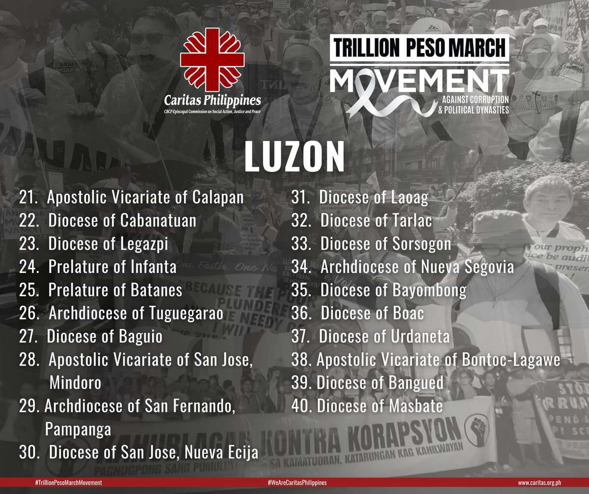 News5PH's tweet image. SUPORTA SA TRILLION PESO MARCH

Umabot na sa 86 dioceses mula sa buong bansa ang sumusuporta sa Trillion Peso March sa Linggo, Nov. 30, sa EDSA People Power Monument sa Quezon City, ayon sa Caritas Philippines.

“Isang napakalakas na panawagan para sa katotohanan, pananagutan, at…