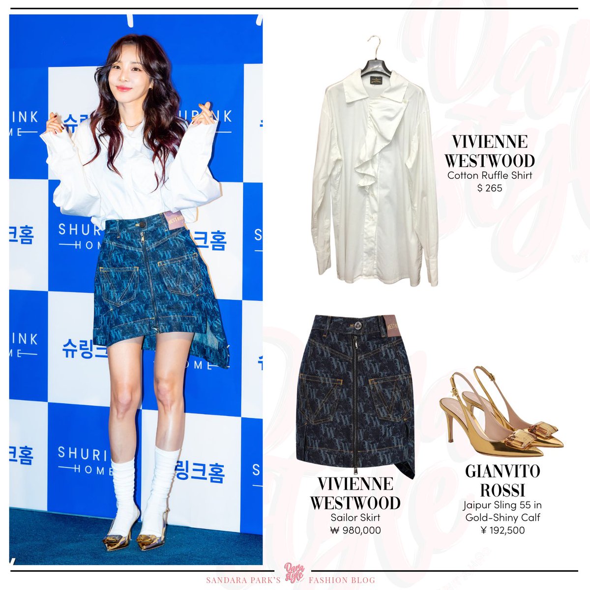 DaraStyle_'s tweet image. [Spotted] 251128 - #DARA at Shurink Home Event in Seongsu, wearing:

#VIVIENNEWESTWOOD Cotton Ruffle Shirt
#VIVIENNEWESTWOOD Sailor Skirt
#GIANVITOROSSI Jaipur Sling 55 in Gold-Shiny Calf
-
#SandaraPark #산다라박 #다라