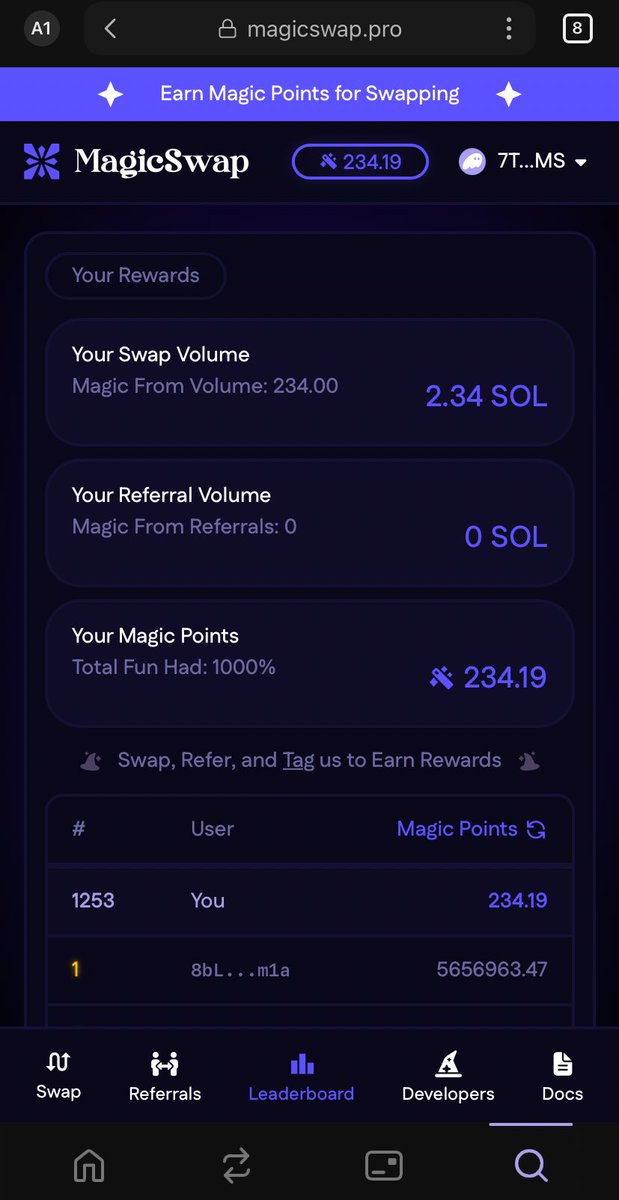 OffsetWeb3's tweet image. DAY 4 with @MagicSwapPro 

Just hit 234 Magic Points on @MysticDaoSol ⚡️  
2.34 SOL volume → 234.19 MP (perfect 1000% fun ratio lol)  

Currently sitting at rank 1253 but we’re just getting warmed up 🔥  
Who’s coming for the throne? 👀  

#MagicSwap #MysticDao #SolanaSummer