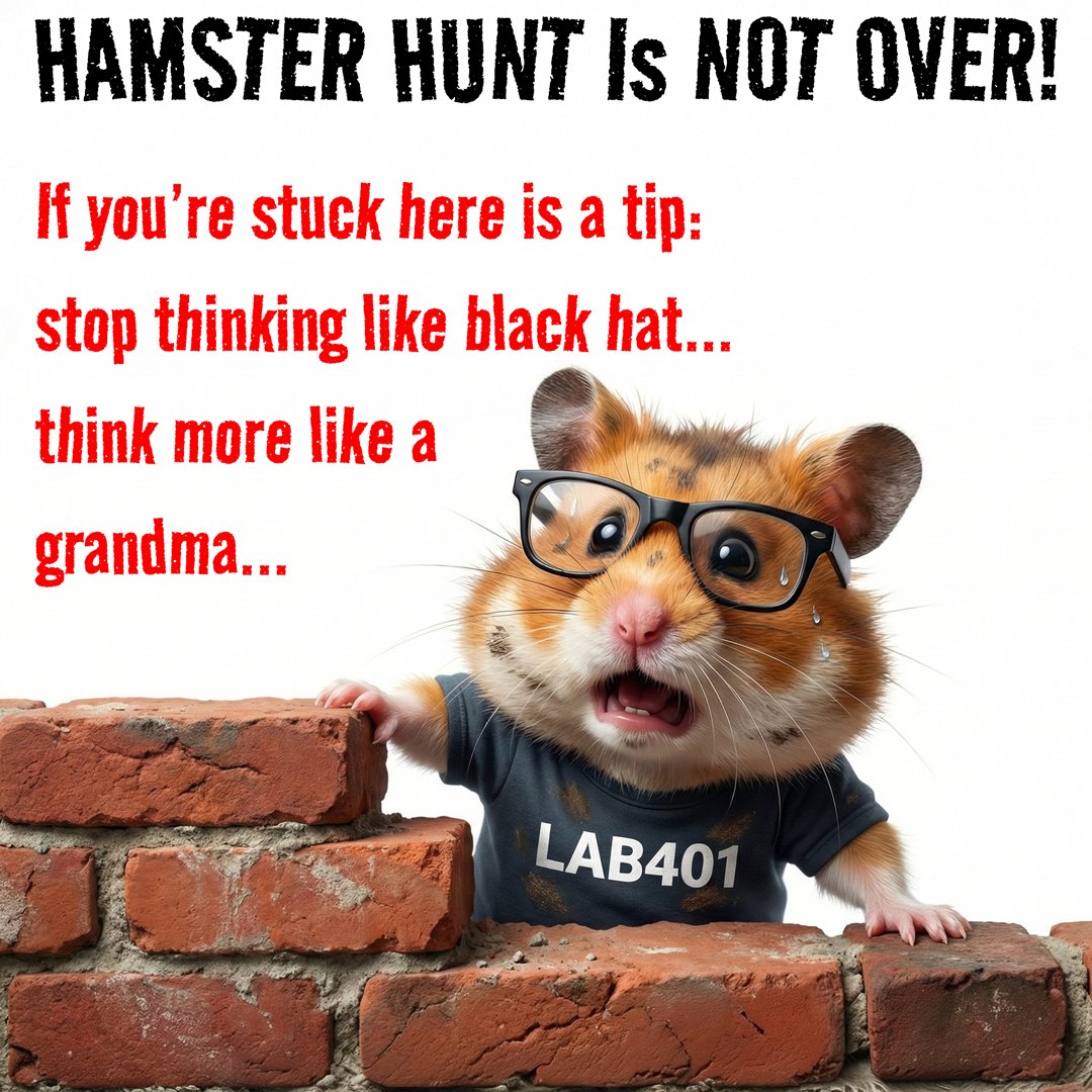 Lab_401's tweet image. 🐹 The LAB401.com Hunt isn&apos;t over! There are still 100 euros prizes waiting to be found on Lab401.

Stuck? Here’s a pro tip: Don’t think like a Black Hat... think like your Grandma. 👵

#Pentesting 
remaining counter: panel.lab401.com/2024-07-30-sto…