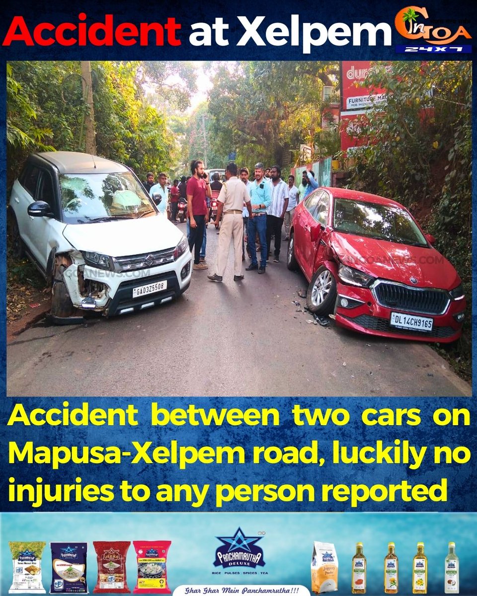 InGoa24x7's tweet photo. #Accident between two cars on Mapusa-Xelpem road, luckily no injuries to any person reported
#Goa #Goanews #TwoCars #NoInjuries https://t.co/cwG4Kdv5mk