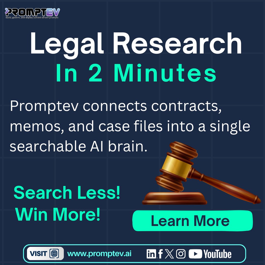promptevai's tweet image. Stop wasting hours digging through contracts and case files. With Promptev, everything lives in one smart, searchable hub.

Research faster, make smarter decisions, and get stronger outcomes. ⚡📄

Try it now promptev.ai

#Promptev #LegalTech #AIForLaw #SmartSearch…