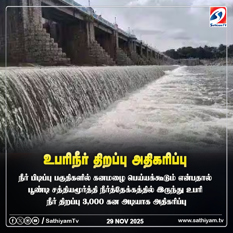 sathiyamnews's tweet photo. பூண்டி நீர்த்தேக்கத்திலிருந்து உபரிநீர் திறப்பு அதிகரிப்பு
#pundi #thiruvallur #athiyamtv #sathiyamnews https://t.co/3o0ZJZrwjU