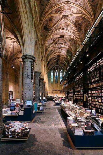 This is Boekhandel Dominicanen in Maastricht. A stunning bookstore housed inside a 13th-century Dominican church.   

The church lost its function over 200 years ago and has since been a bicycle shed, carnival venue, and even a snake house, and in 2006, it became a bookstore.