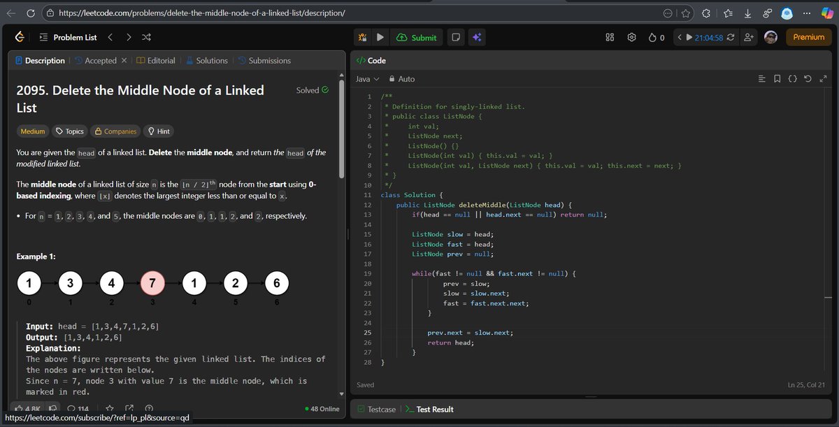ankitgupta_79's tweet image. Day 51 of #100DaysOfCode 

📌Today’s Problems –                                                 

2095. Delete the Middle Node of a Linked List 

#buildinpublic #LearnInPublic