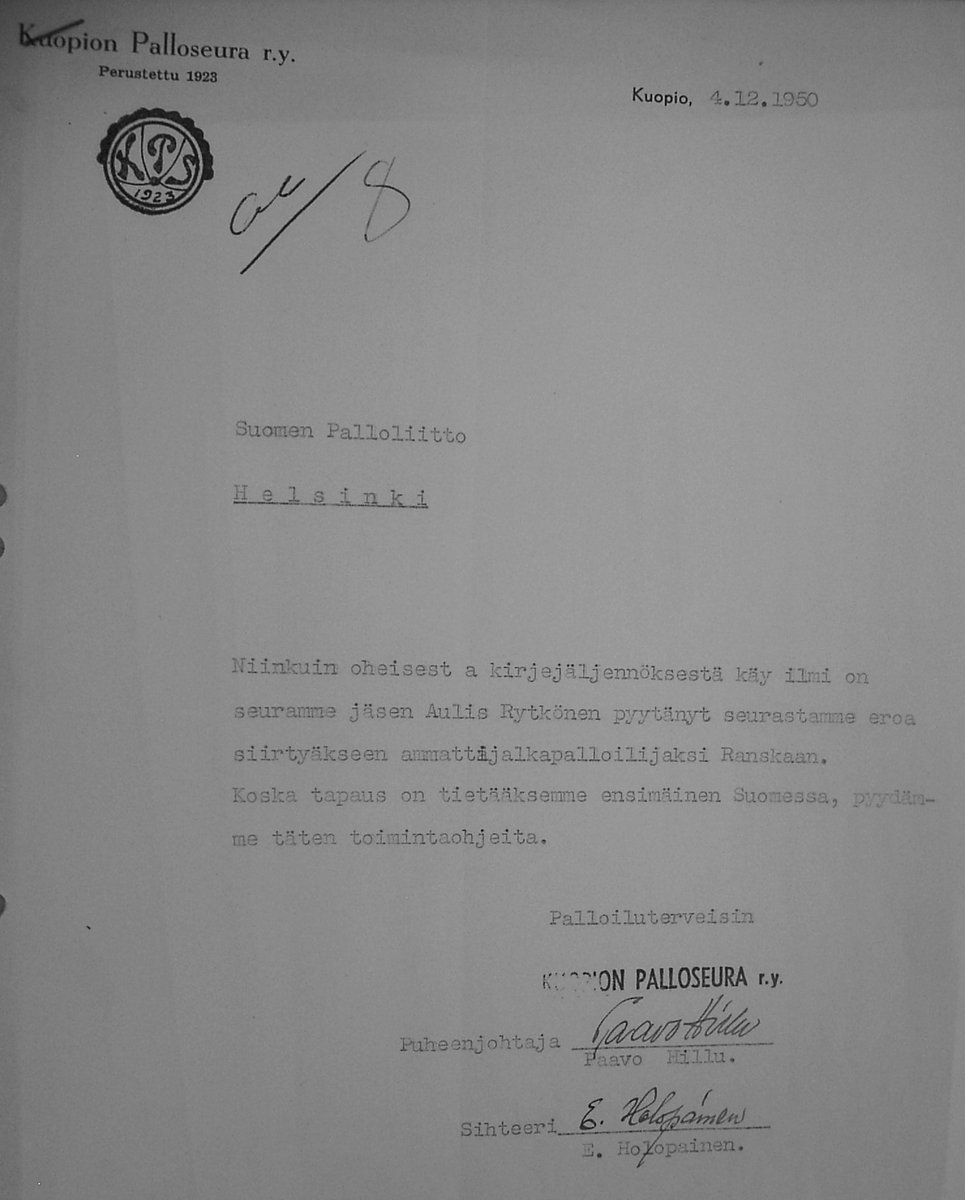 Päivälleen 75 vuotta sitten Aulis Rytkönen lähetti erokirjeen KuPS johdolle ja ilmoitti aikeensa lähteä pelaamaan ammattilaiseksi Ranskaan