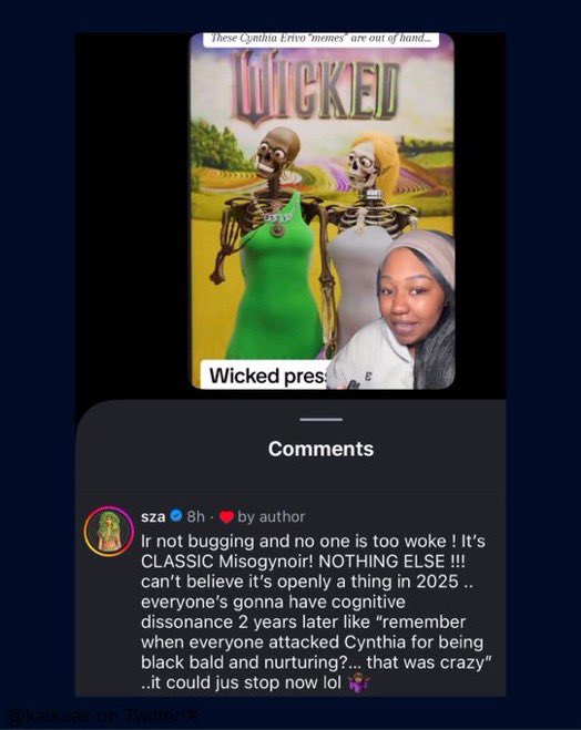 HitsAndCharts's tweet image. SZA speaks out after seeing misogynistic videos about Cynthia Erivo and Ariana Grande.