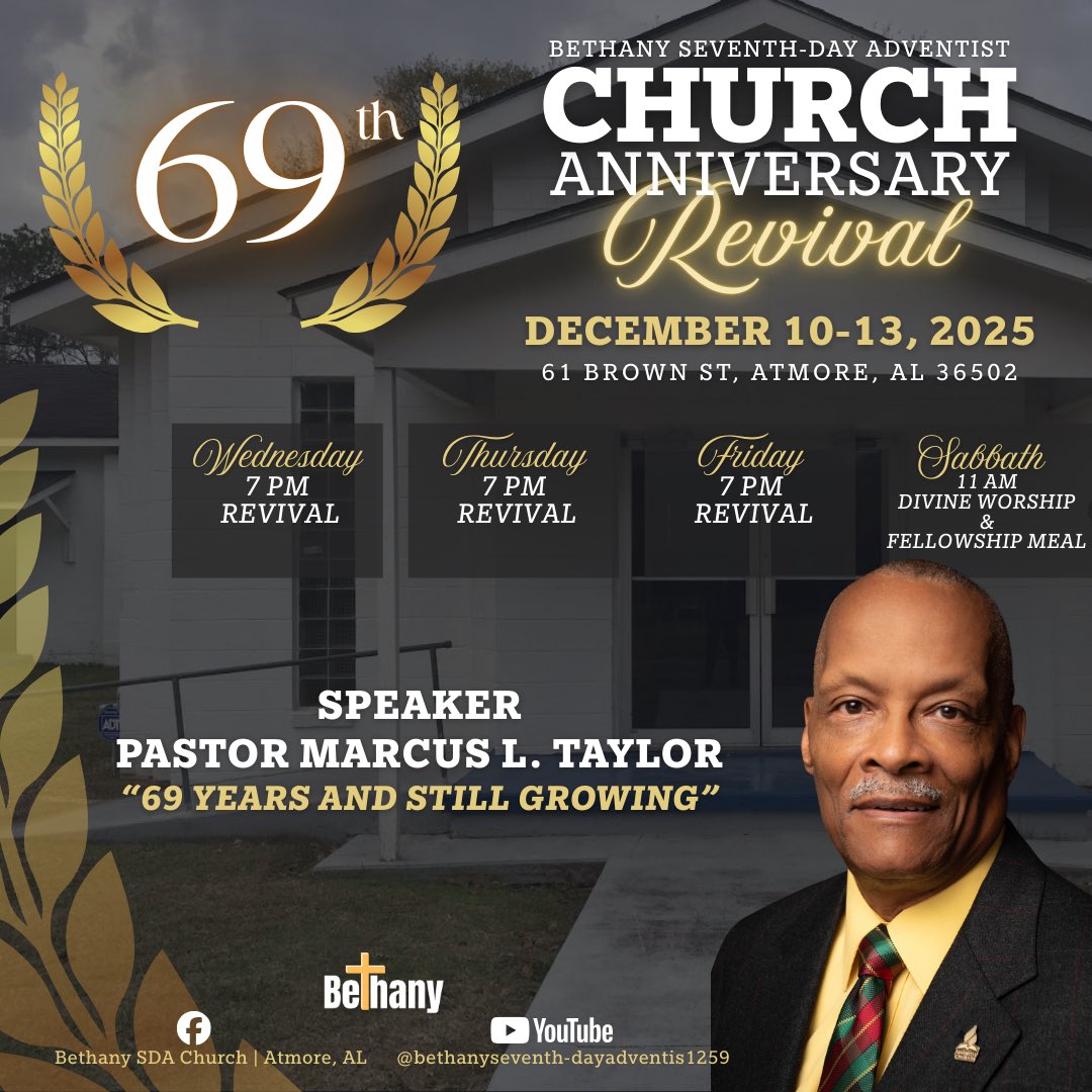 JSSDAC's tweet image. 🌟 Mark your calendars!

🌟 Join us as we celebrate 69 years of impact in Atmore, Alabama.

🌟 This is an onsite event and live streaming is unavailable at this time.

#BethanySDAChurch #JSSDAC #SisterChurch #Anniversary