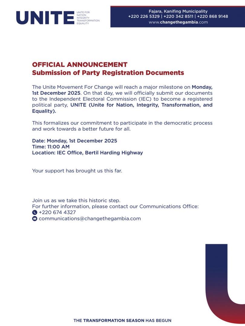 The Unite Movement For Change will reach a major milestone on Monday, 1st December 2025. On that day, we will officially submit our documents to the Independent Electoral Commission (IEC) to become a registered political party, UNITE (Unite for Nation, Integrity, Transformation,