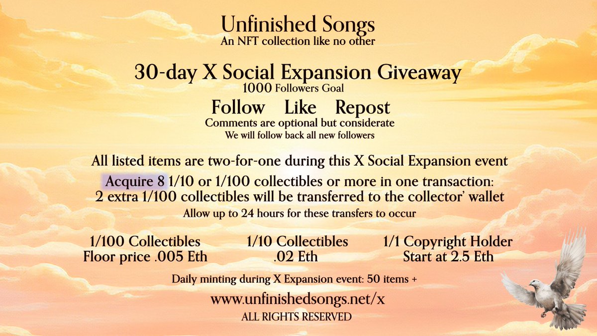 SERIAL_0000's tweet image. 30-day X Social Expansion Giveaway - Day 4

Follow, Like, and Repost

Now Available on @opensea Marketplace.

Visit Unfinished Songs on OpenSea:
opensea.io/collection/unf…

#Crypto #Ethereum #Blockchain #NFT #Trending #Eth #NFTs