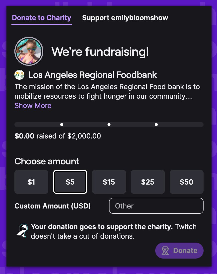 twitchemily's tweet photo. From today &amp; till Christmas you can donate to LA Food Bank directly through my Twitch channel.  Neither I nor Twitch take a cut so 100% goes to the charity. Let’s help people in need get food this holiday season ❤️
I will be on tonight to kick it off!
https://t.co/ICdCcToCRT https://t.co/vtjvzn8ztd