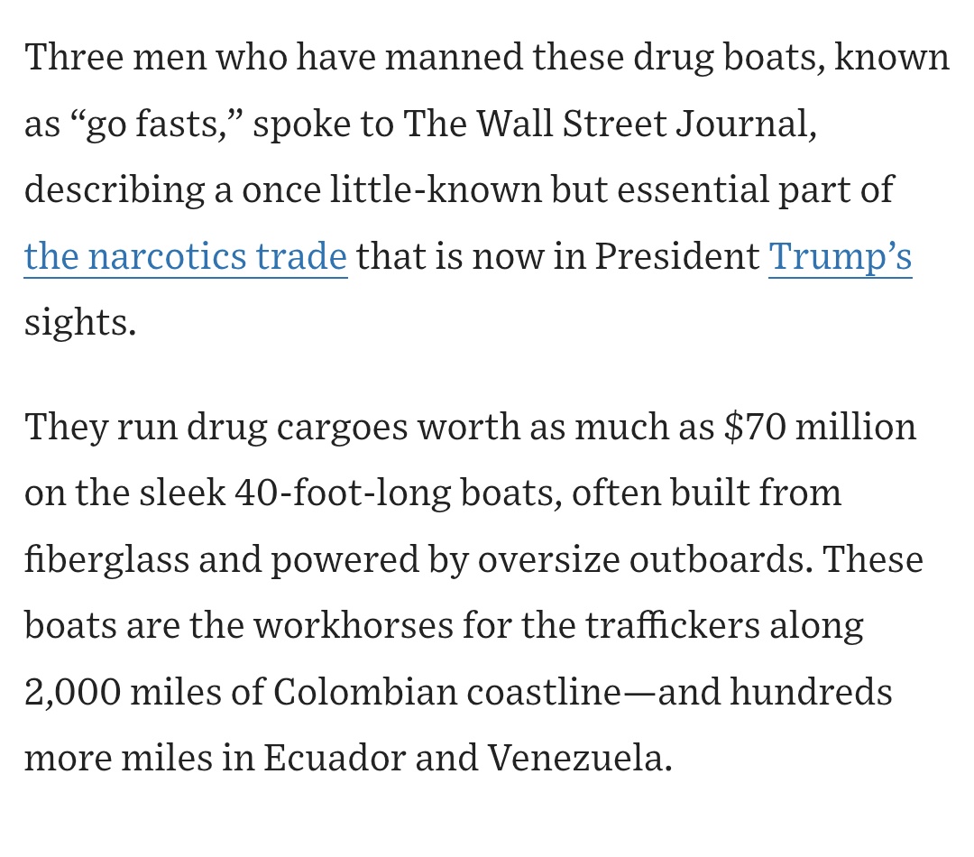 EmmaRincon's tweet image. 🚨 ÚLTIMA HORA 

Un traficante de drogas que maneja las lanchas dijo al Wall Street Journal que ellos cobran 100.000 mil dólares por un día de trabajo, al transportar dos o tres toneladas de droga.

Pero según @petrogustavo, son unos pobres pescadores que buscan sobrevivir.