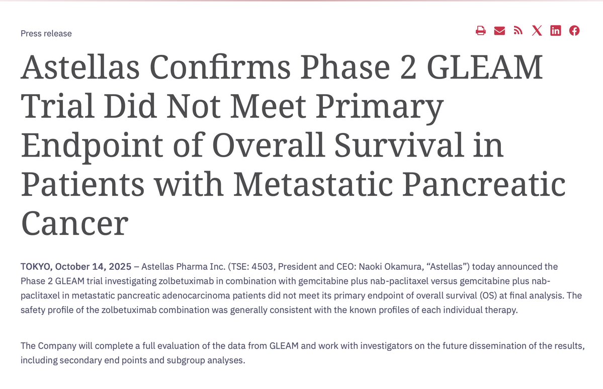 🔥off the press
Astellas Confirms Phase 2 GLEAM Trial Did Not Meet Primary Endpoint of Overall Survival in Patients with Metastatic Pancreatic Cancer
👉published a couple of days ago, but still disappointing. CLD 18.2 not (yet?) a tumor agnostic biomarker...
<a href="/myESMO/">ESMO - Eur. Oncology</a>