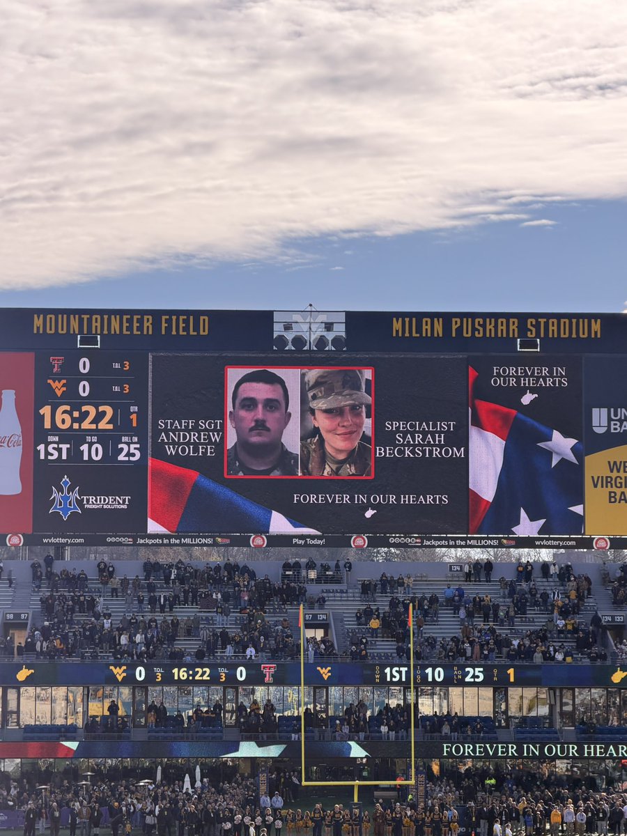 marylandeer's tweet image. Andrew (Andy) Wolfe and Sarah Beckstrom honored at the @WVUfootball game today 💛💙🇺🇸