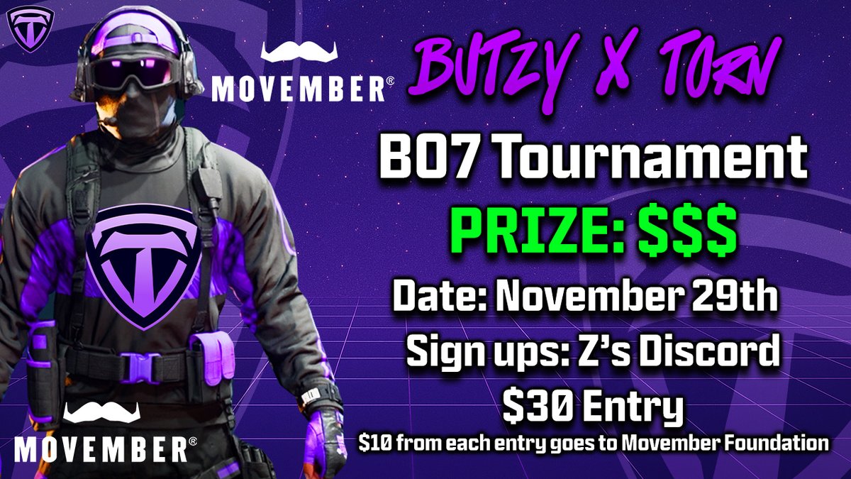 It's tournament day! 

💸 $600+ prize
🫡 Over $200 raised for Movember
👤26+ teams

All going down TONIGHT live at torn_gg on twitch. 

Tournament starts at 5pm CST.