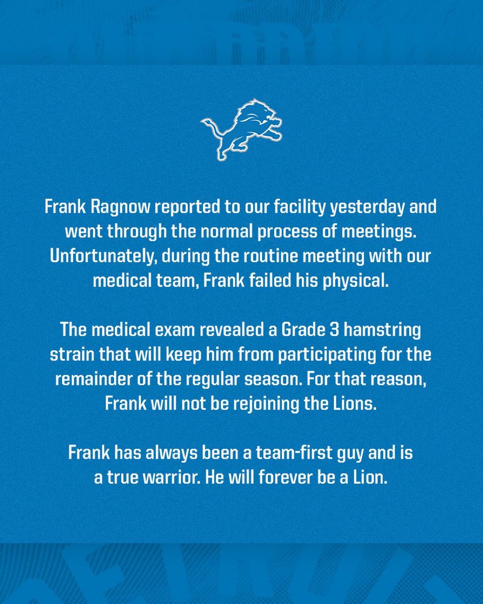 AdamSchefter's tweet image. Frank Ragnow failed his physical and will not play this season for the Lions.