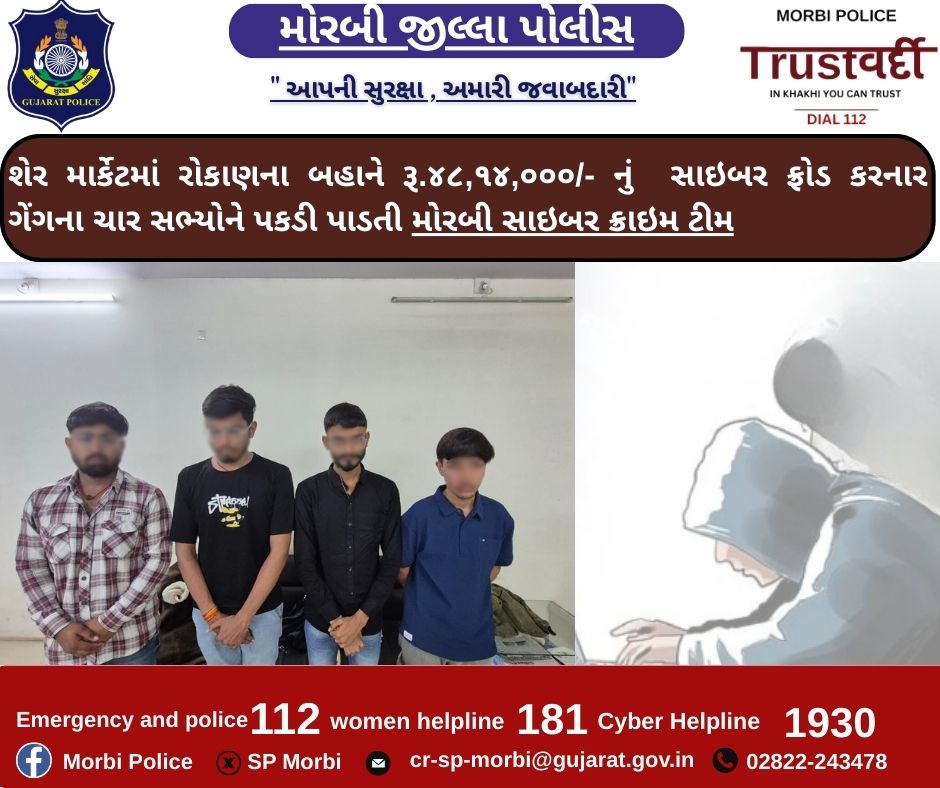 શેર માર્કેટમાં રોકાણના બહાને રૂ.૪૮,૧૪,૦૦૦/- નું સાઇબર ફ્રોડ કરનાર ગેંગના ચાર સભ્યોને પકડી પાડતી મોરબી સાઇબર ક્રાઇમ ટીમ <a href="/CMOGuj/">CMO Gujarat</a> <a href="/sanghaviharsh/">Harsh Sanghavi</a> <a href="/GujaratPolice/">Gujarat Police</a> <a href="/dgpgujarat/">DGP Gujarat</a> <a href="/IGP_RajkotRange/">IGP RAJKOT RANGE</a>