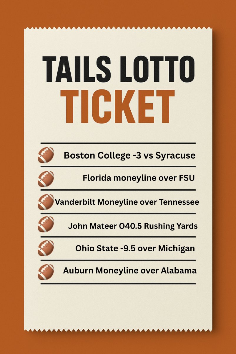 🎟️Tails Community Lotto Ticket Parlay🎟️

❤️ $500 to someone who likes this post if it hits (must be following)
🔗 Link to Tail Below!

Odds: +8451  

<a href="/CeeGeeDFS/">CeeGee</a> Boston College -3 (-105)
<a href="/JazzrazBets/">Ben Rasa</a> Florida ML (-112)
<a href="/JefePicks/">Jefé Picks</a> Vanerdbilt ML (+115)
<a href="/TravisMangone/">Mangone</a> John Mateer Over