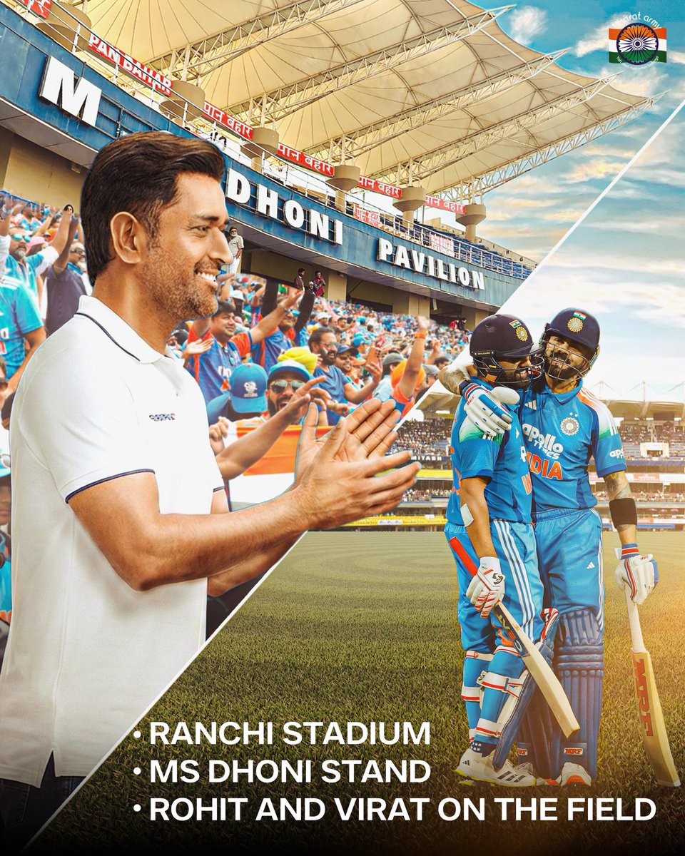 thebharatarmy's tweet image. 𝗔𝗹𝗹 𝘀𝗲𝘁 𝗮𝘁 𝗠𝗦 𝗗𝗵𝗼𝗻𝗶 𝗣𝗮𝘃𝗶𝗹𝗶𝗼𝗻 🏟️

- Ranchi stadium
- MS Dhoni stand
- Rohit sharma &amp;amp; Virat Kohli in the ground.

#indvssa #viratkohli #rohitsharma #shubmangill #bharatarmy #COTI 🇮🇳 #rishabhpant #jaspritbumrah #dhoni